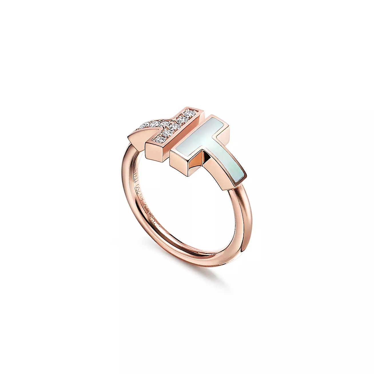 Tiffany T coil ring 18-karat rose gold with diamonds and mother-of-pearl--GaiYalun