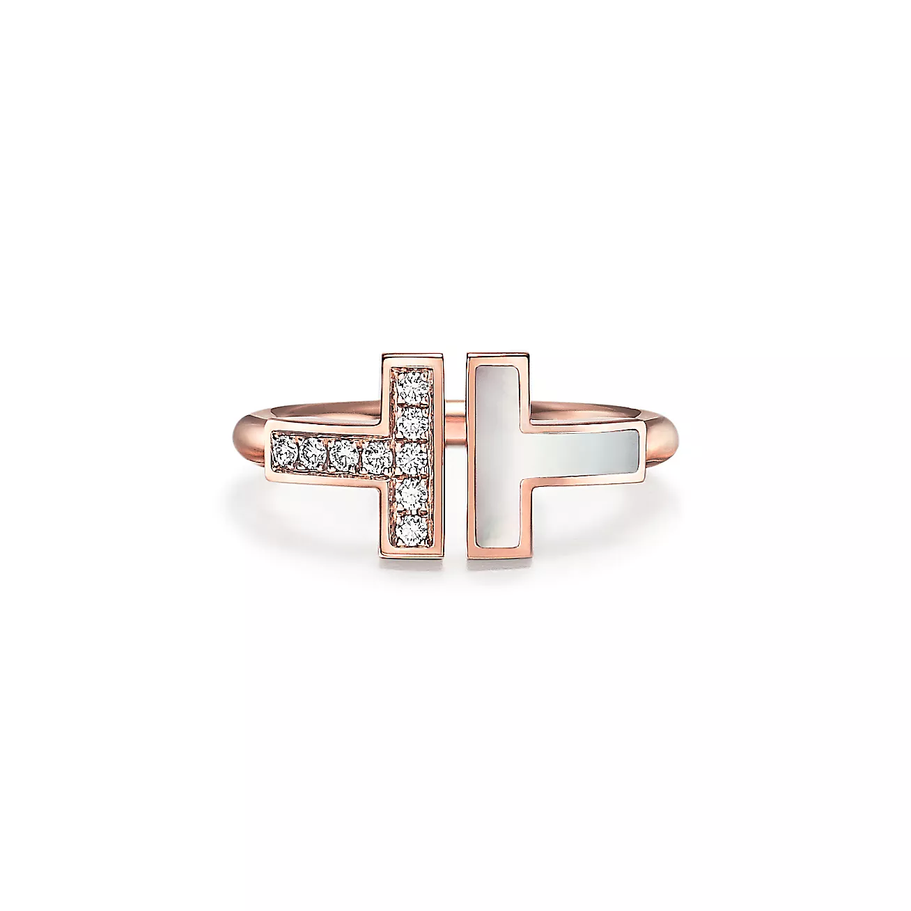 Tiffany T coil ring 18-karat rose gold with diamonds and mother-of-pearl--GaiYalun