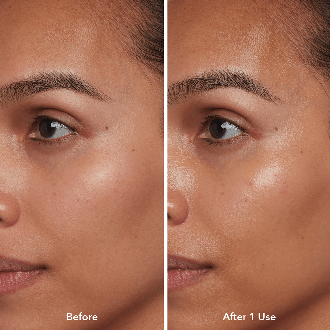 Before and after image of side of models face after using Beekman 1802's Bloom Cream Daily Moisturizer after 1 use, revealing hydrated skin.